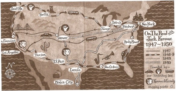 Mapa das Viagens de Kerouac e Cassady que inspiraram Pé na estrada